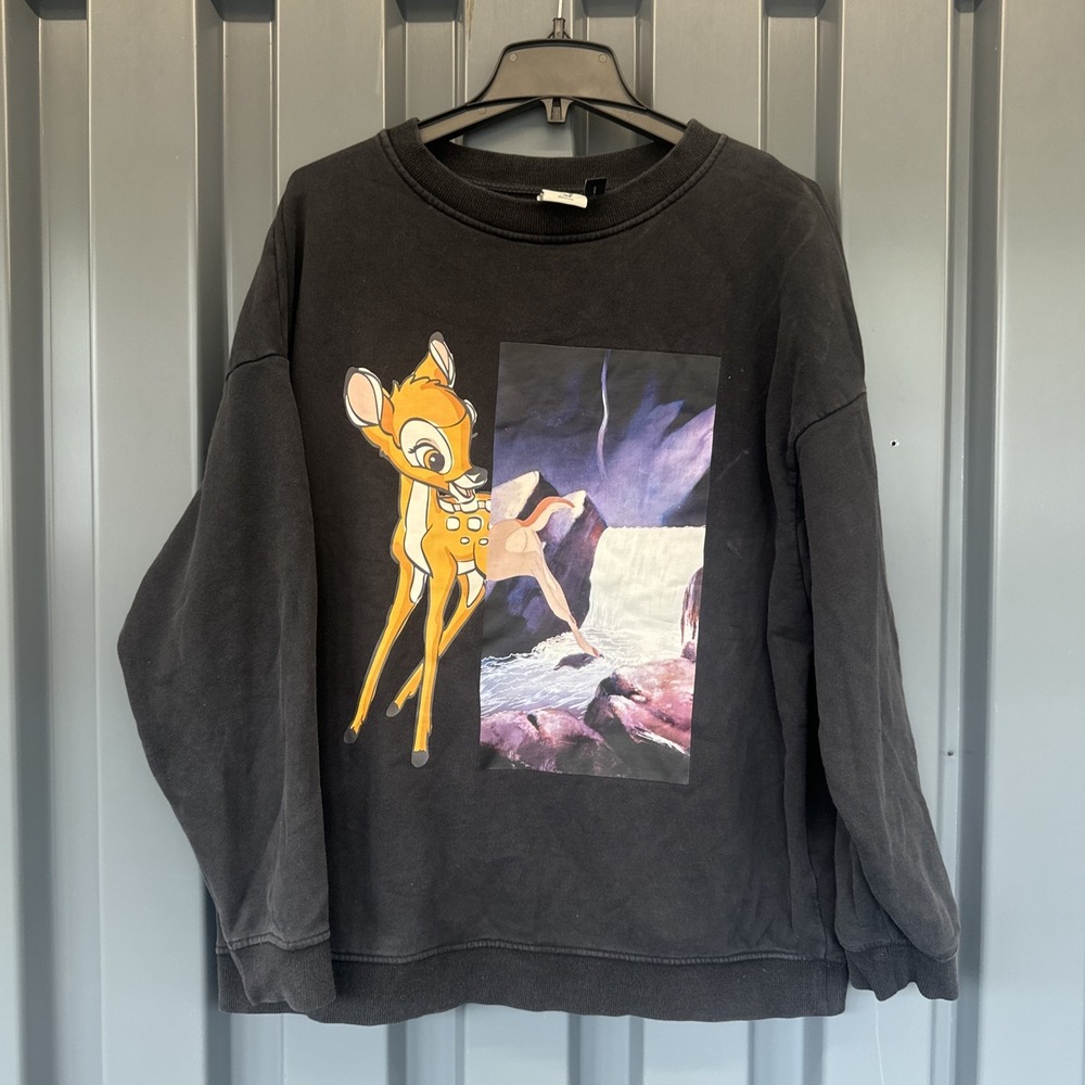 Disney ChinStudio Bambi Graphic Neoprene Black Pullover Crew Neck Sweater Small